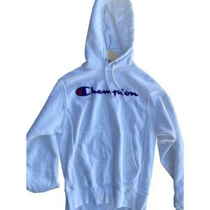 Champion Reverse Weave Men Chenille Patch Applique White‎ Hoodie Sz S